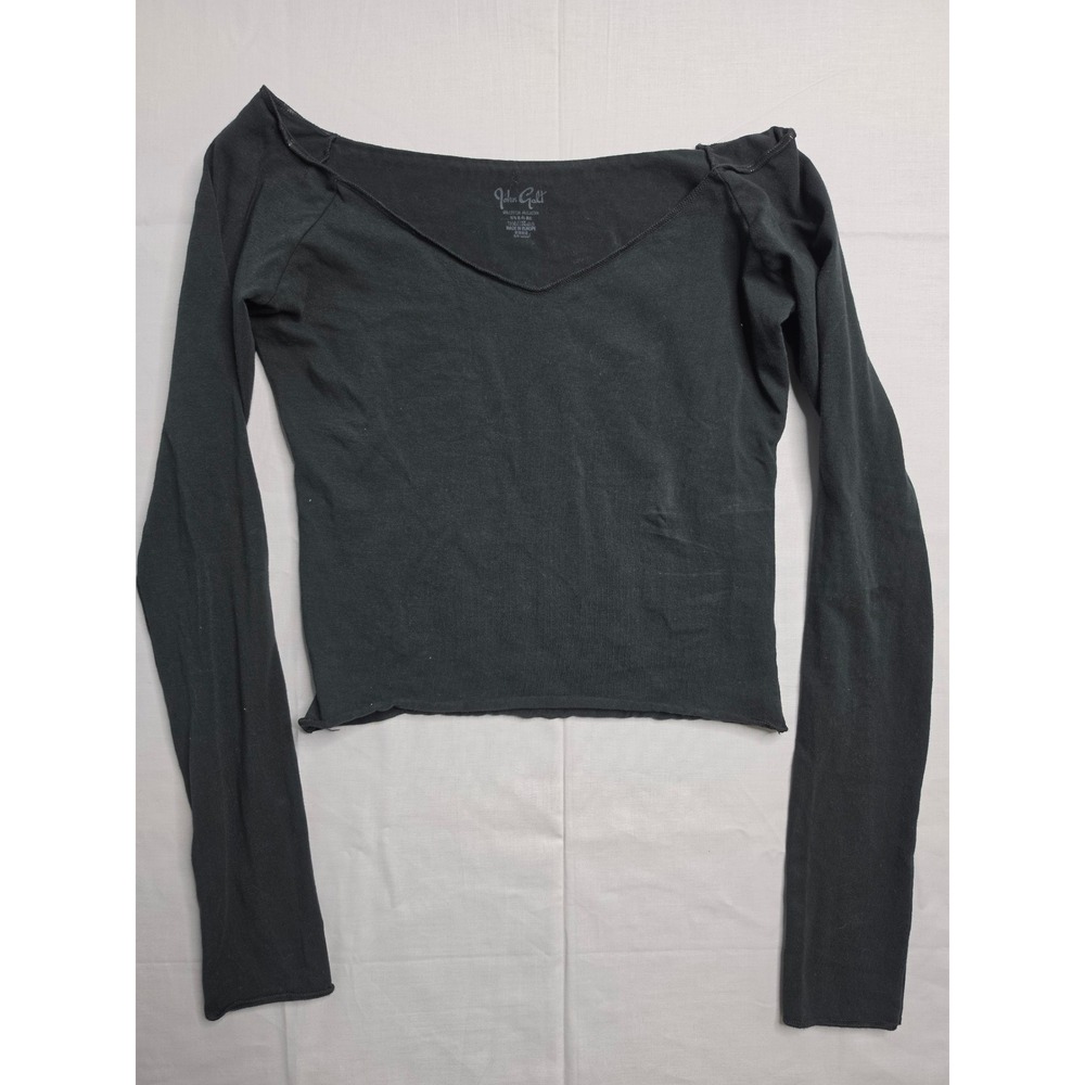 John Galt Cropped Top Women's Small Black Cotton Stretch Long Sleeve Pullover